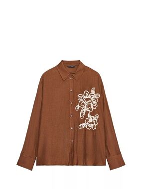 Zara Brown Button-Down Shirt with White Floral Outline
